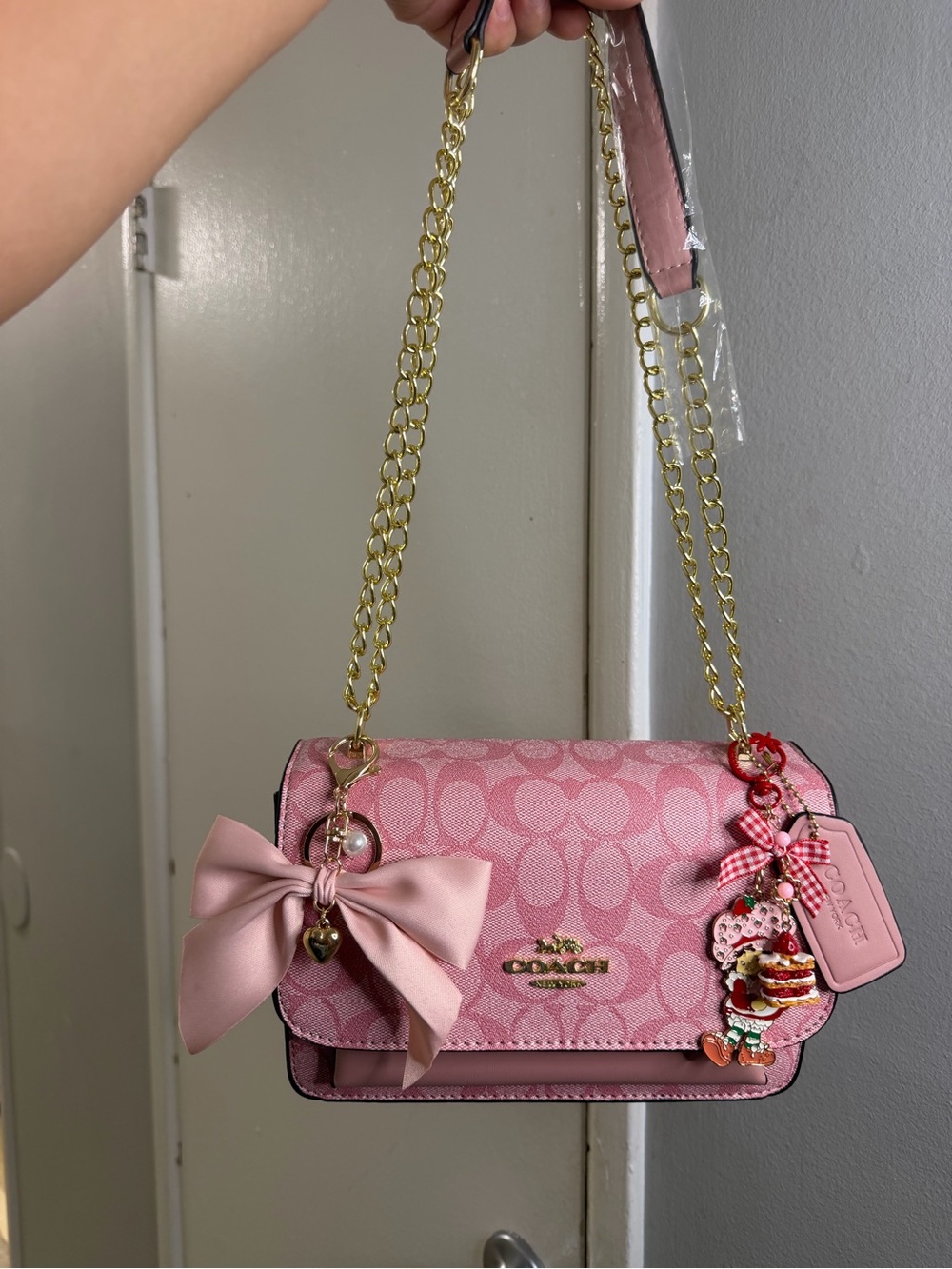 Coach Pink Signature Bow Chain Crossbody Bag